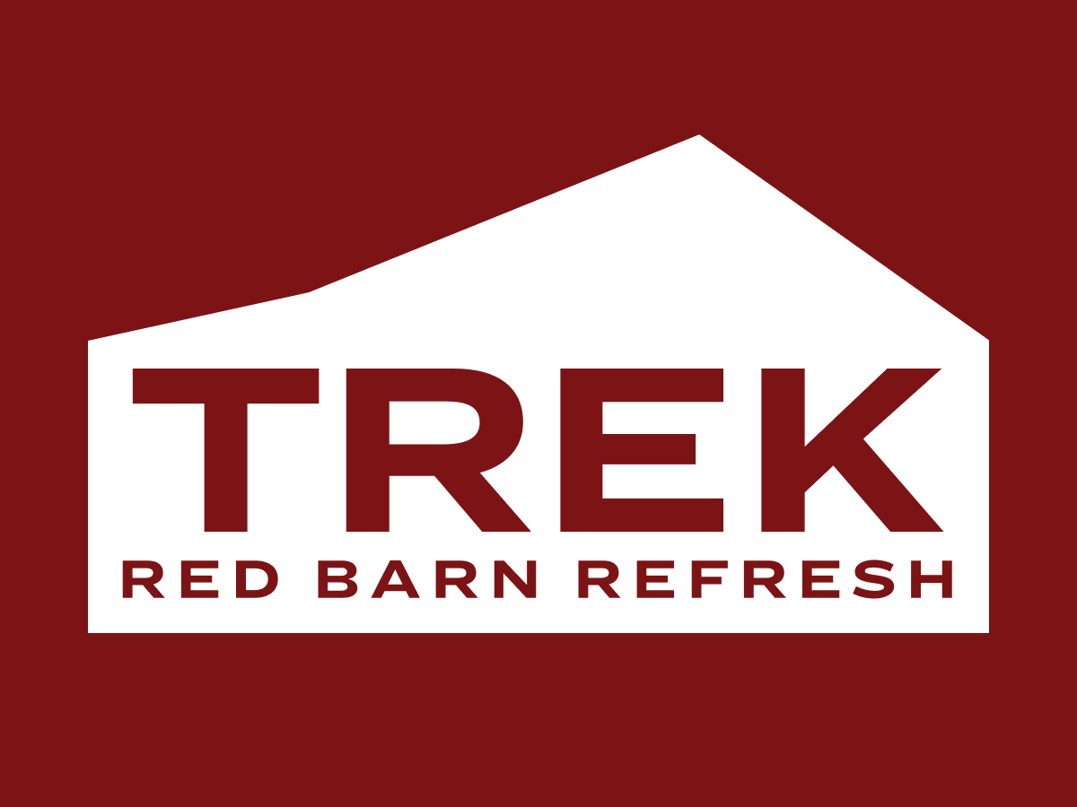 The words, 'Trek Red Barn Refresh' in red and in the center of illustration of white barn on red background