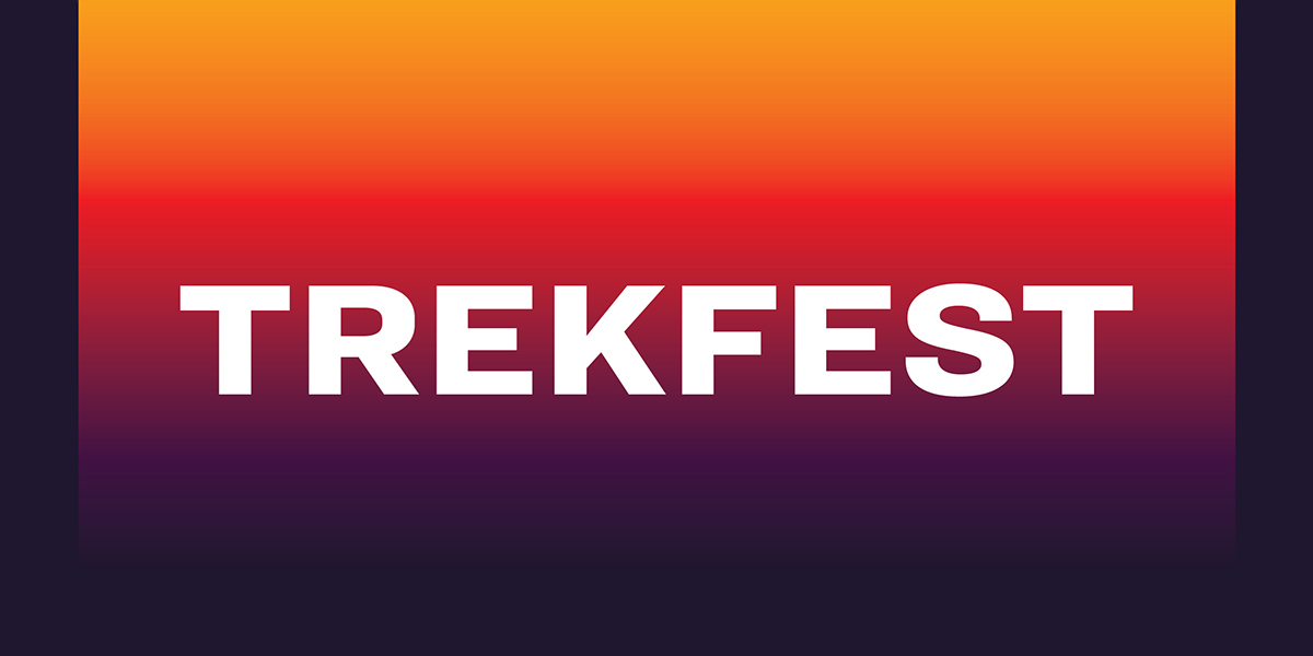 The words, 'TREKFEST' overlaying orange to red to purple gradient background