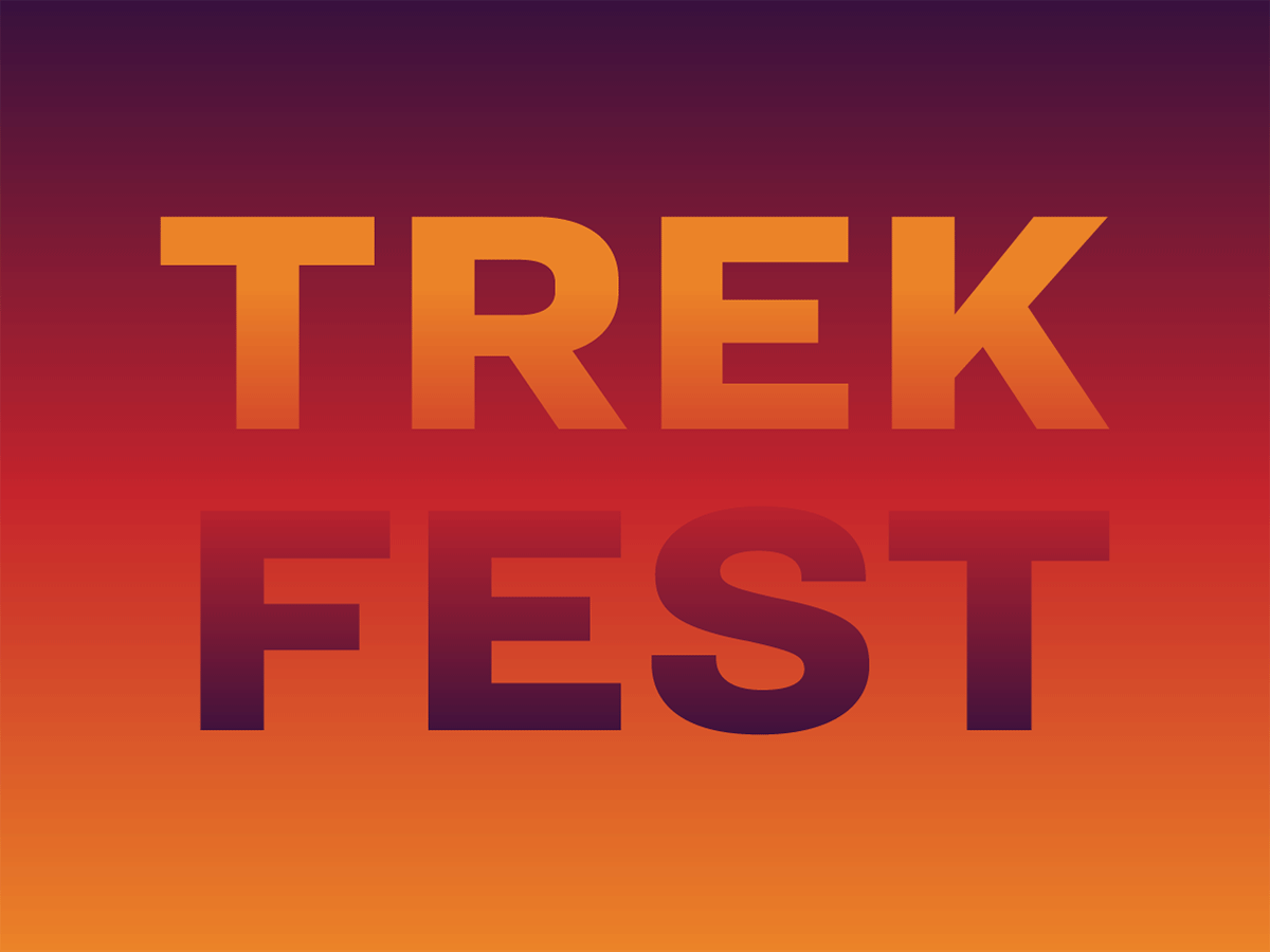 Animated image of the words, 'TREKFEST' overlaying orange to red to purple gradient background switching to opposite colors