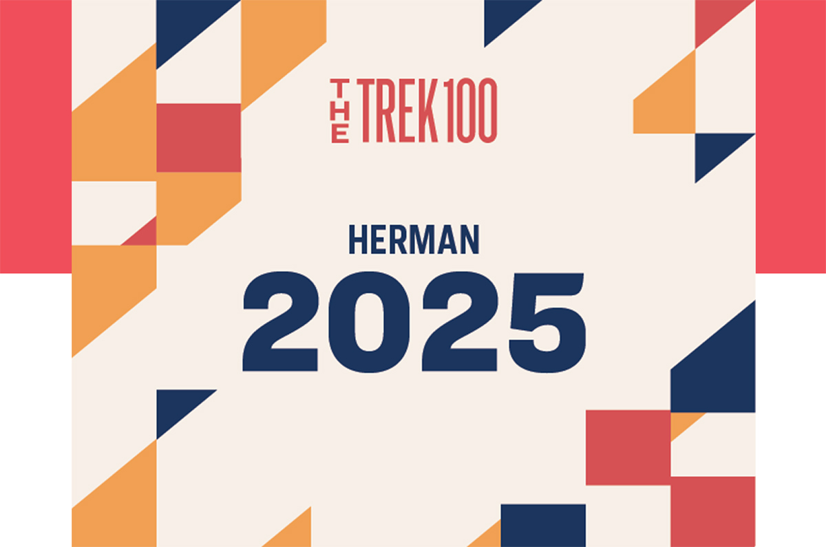 Trek 100 logo with organized scatter of geometric shapes in background