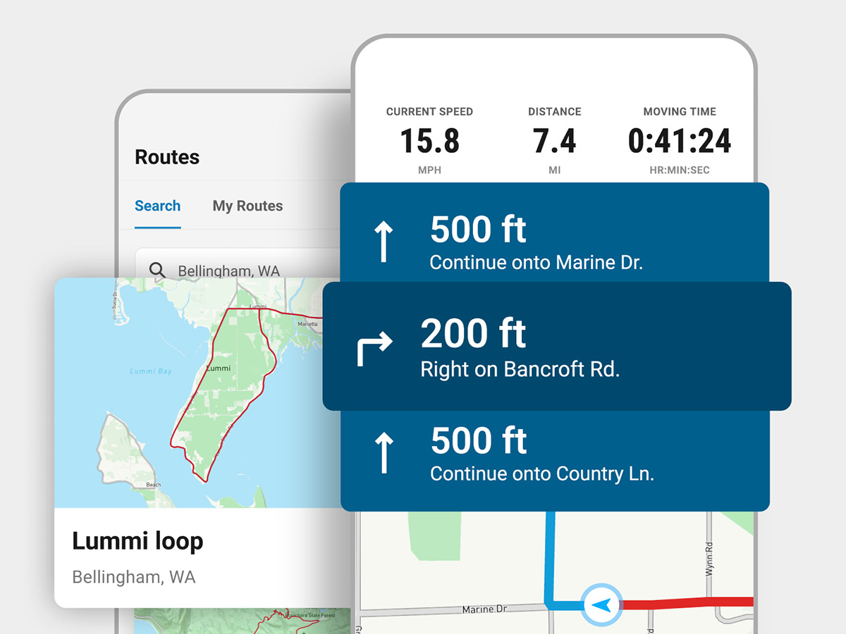 Curated route with map and turn-by-turn directions app screens