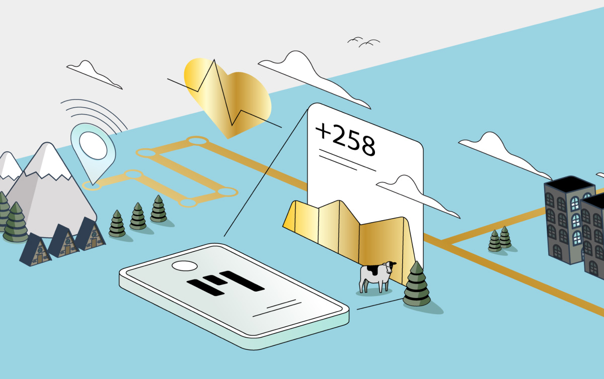Illustration of mobile phone showcasing, ride data, directions, and routes with city, country, and mountain scenes