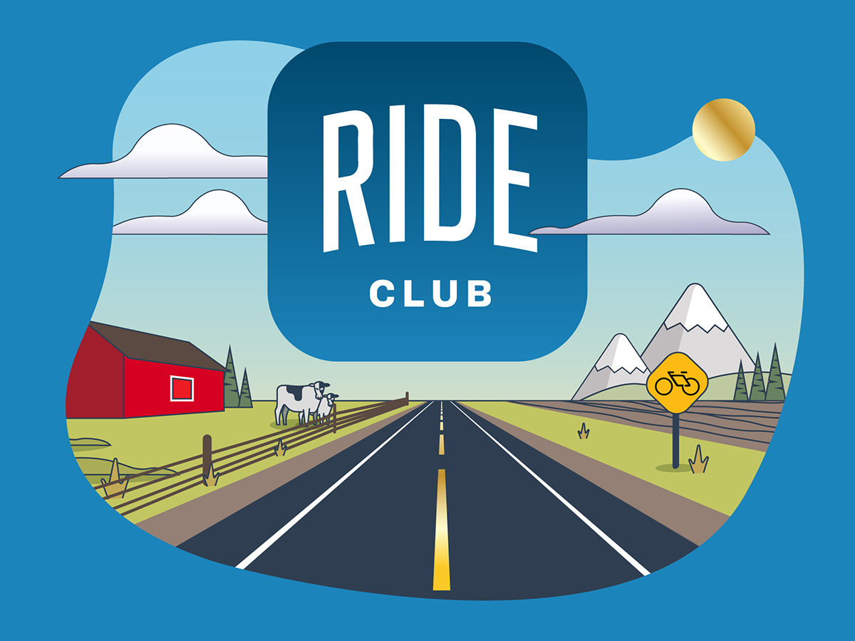 Ride Club logo overlaying illustration of paved country road scene