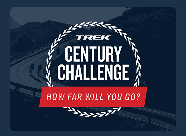Trek Century Challenge logo overlaying photo with blue filter of cyclists wearing helmets while riding bikes on paved road with mountains in backgroud